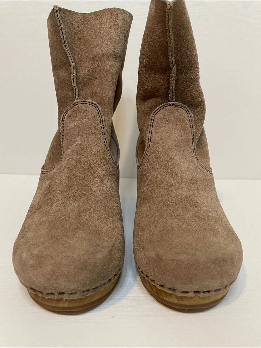 EUC Sanita Tan Suede Leather Booties w/ Wood Clog Soles - Sz 38 (7)